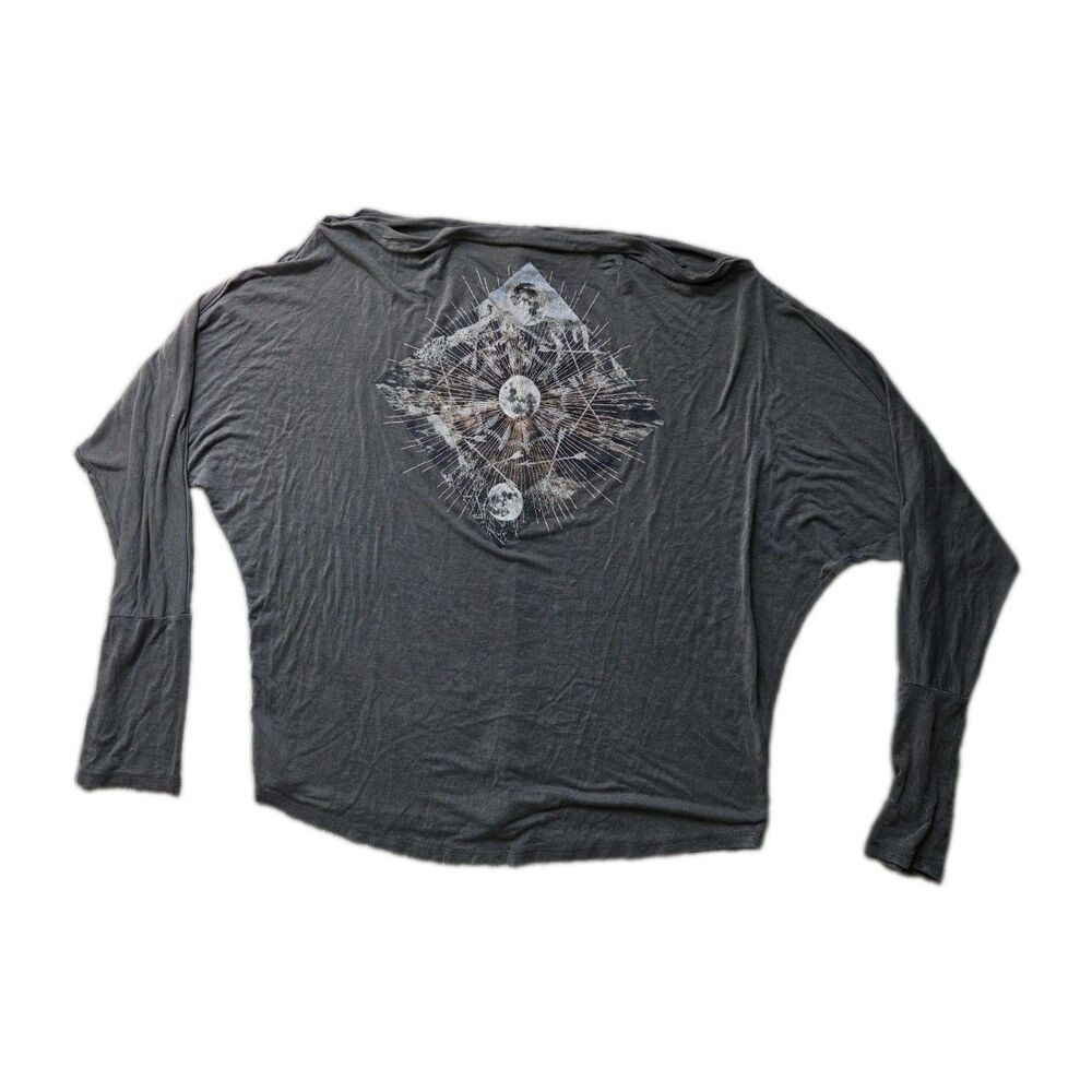 Modish Rebel Gray Moon Phase Graphic Dolman Sleeve Top Rayon Blend XL EUC